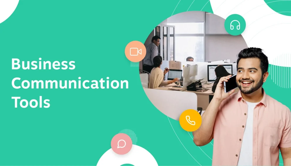 Professional team discussing data on a chart and collaborating via a business communication tool in a modern office